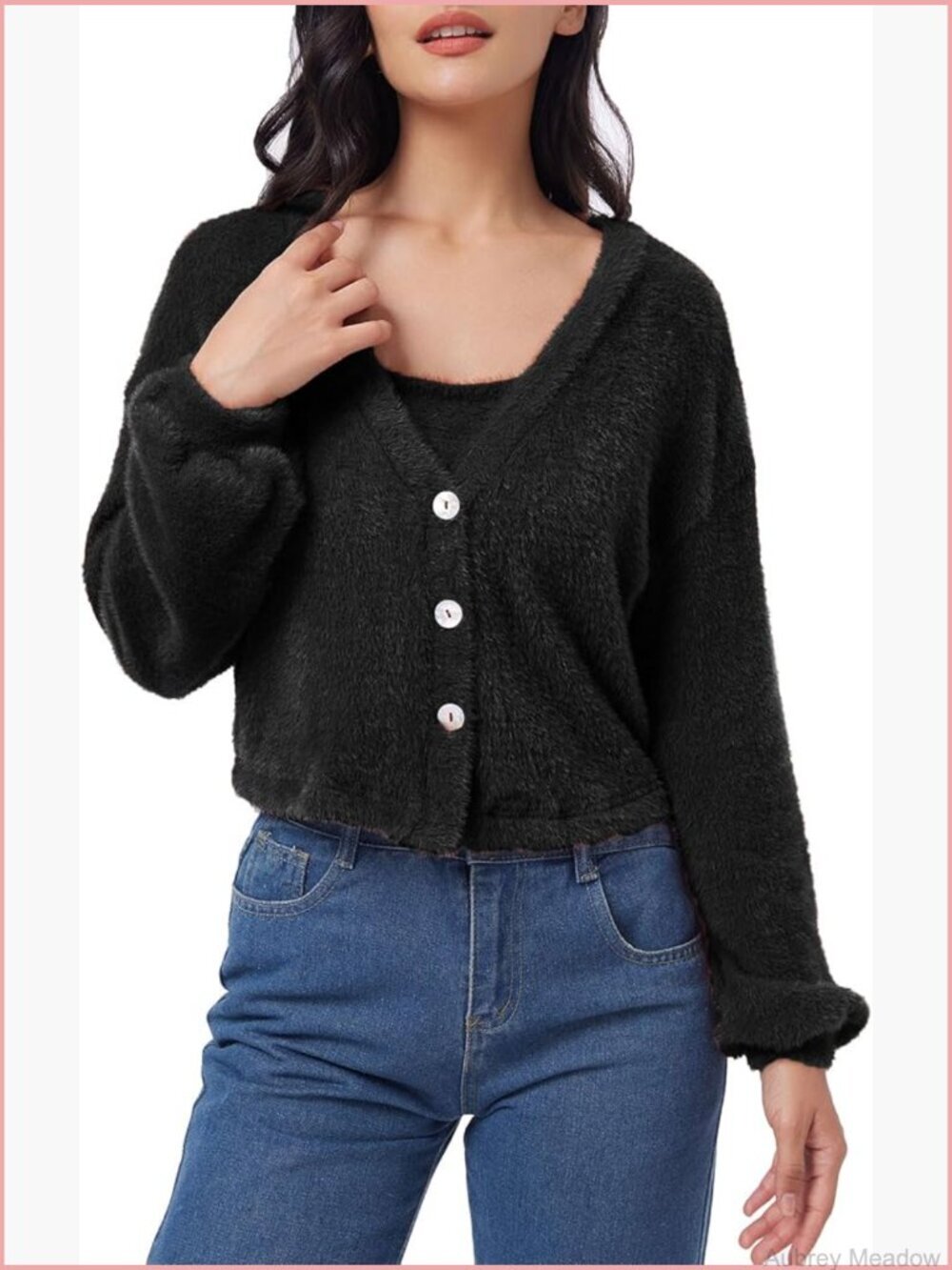 Womens Fuzzy Cropped Cardigan Knit Long Sleeve Button-Up Coat